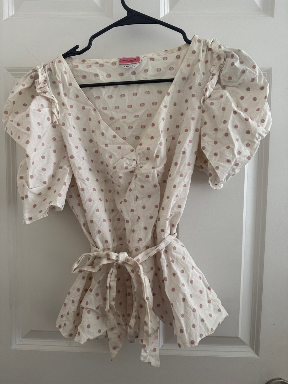 kate spade Cream Blouse with Pink Polka Dots and Puff Sleeves